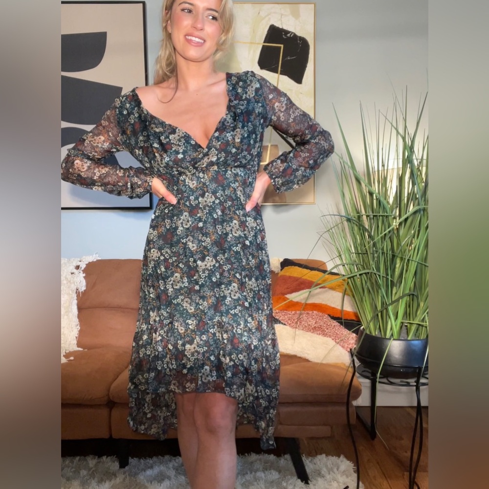 Sheered long sleeve high low dress with floral, wedding guest